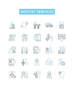 Dentist services vector line icons set. Dentist, Services, Teeth, Cleaning Stock Illustration