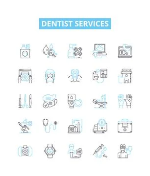 Dentist services vector line icons set. Dentist, Services, Teeth, Cleaning Stock Illustration