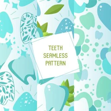 Dentist set of seamless patterns vector illustration. Healthy tooth under Stock Illustration