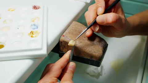 Dentist Shaping Dental Prosthesis by Hand in Laboratory with Tools and Color Stock Footage 341870513