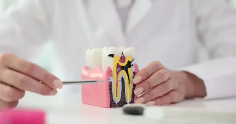 Dentist shows human tooth damaged with caries model at desk Stock Footage 303966210