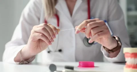 Dentist shows tutorial of using dental floss during appointment Stock Footage 275016545