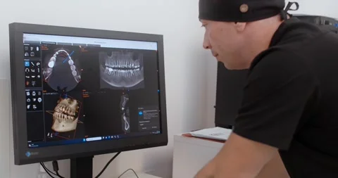 Dentist surgeon analyzes the 3d scan image of the jaw before the operation Stock Footage 260943626