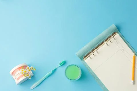 Dentist table with oral hygiene accessories. Stock Photos