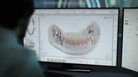 Dentist Technician Uses 3d Modeling Program To Apply Restorations To Teeth Stock Footage 224852625