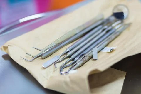 Dentist tools on desk Stock Photos