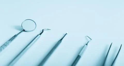 Dentist tools on table close up Stock Photos