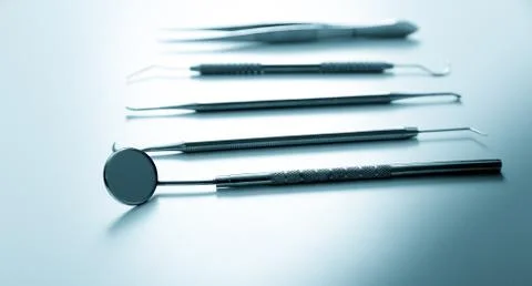 Dentist tools on table close up Stock Photos