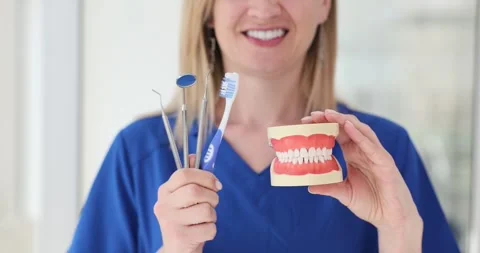 Dentist with a toothbrush and instruments model of a human jaw with teeth Stock Footage 280696780