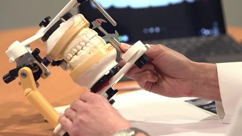 Dentist using model to study patients bite and jaw alignment Stock Footage 113761093