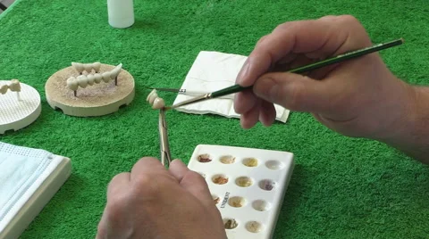 Dentist working with ceramic material, brush and dentures. Workplace dental Stock Footage 65215361