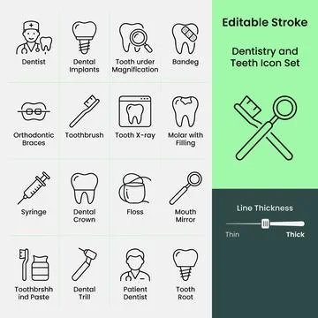 Dentistry and Teeth Icon Set with Dentist, Dental Implants, Tooth Magnifica.. Stock Illustration