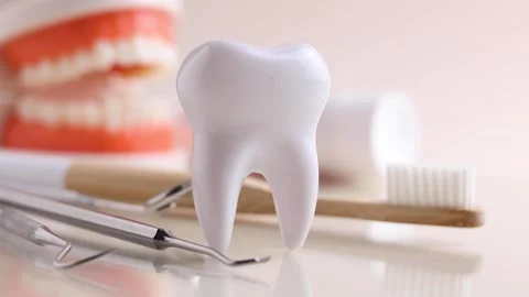 Dentistry concept. Model of a tooth and dental instruments on a colored Stock Footage 245234388