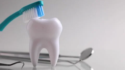 Dentistry concept. Model of a tooth and dental instruments on a colored Stock Footage 245853737