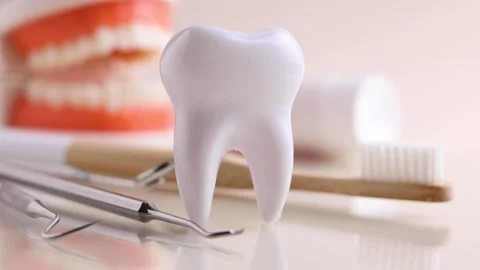 Dentistry concept. Model of a tooth and dental instruments on a colored Stock Footage 246563149