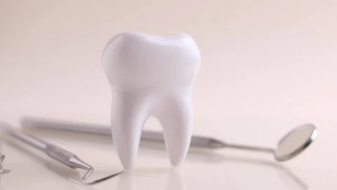 Dentistry concept. Model of a tooth and dental instruments on a colored Stock Footage 247341250
