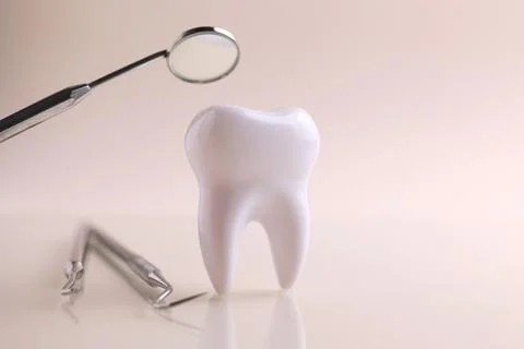 Dentistry concept. Model of a tooth and dental instruments on a colored Stock Photos