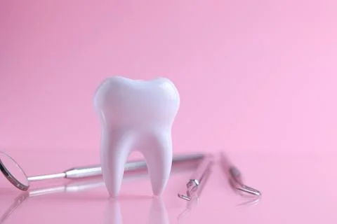 Dentistry concept. Model of a tooth and dental instruments on a colored Stock Photos