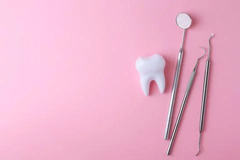 Dentistry concept. Model of a tooth and dental instruments on a colored Foto stock
