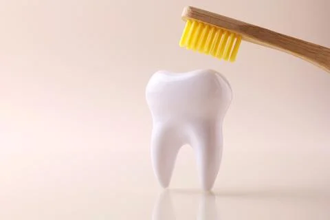 Dentistry concept. Model of a tooth and dental instruments on a colored Foto stock