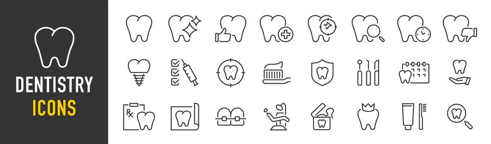 Dentistry web icon set in line style. Dentist, dental, dental treatment, pr.. Stock Illustration