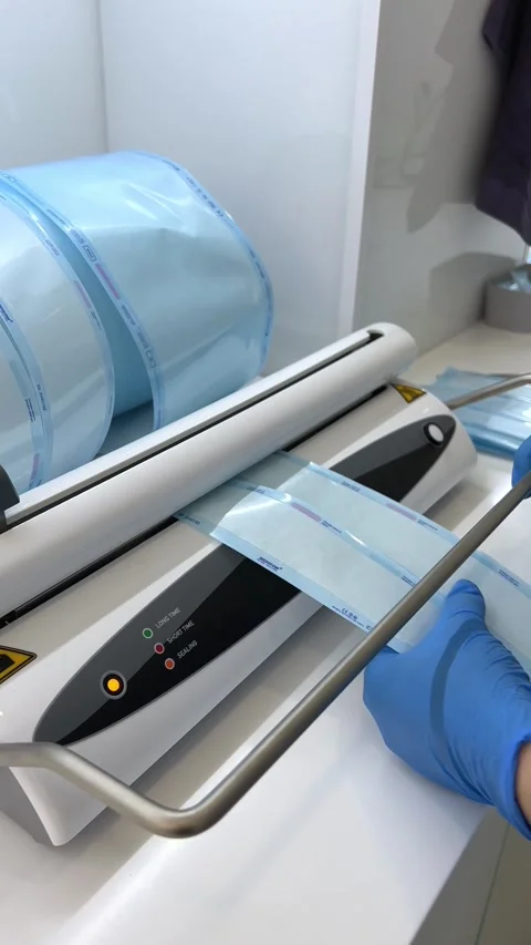 Dentist's assistant hands in gloves packing dental instrument set for Stock Footage 224238001