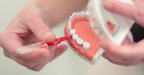 The dentist's hands show on the artificial jaw the rule of brushing the teeth Stock Footage 252668455
