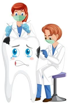 Dentists holding instruments and examining teeth decay on white background Illustrazione stock