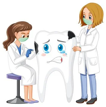 Dentists holding instruments and examining teeth decay on white background Stock Illustration