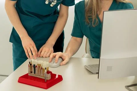 Dentists implantologists look at the computer. On the table there is a mode.. 스톡 사진