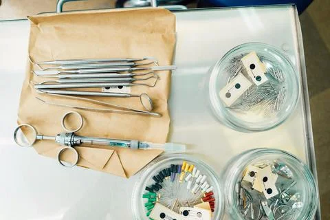 The dentist's tool is on the table before working in his office Stock Photos