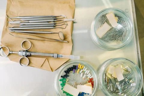 The dentist's tool is on the table before working in his office Stock Photos