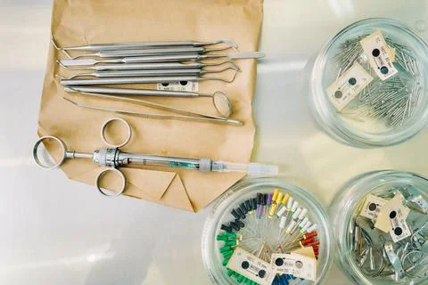 The dentist's tool is on the table before working in his office Stock Photos