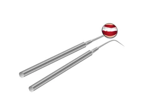 Dentist's tools and mirror with reflection of teeth Stock Illustration