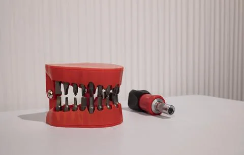 Denture Drill Bit Holder Set, Screwdriver Bit Organizing Holder Set On Table Stock Photos