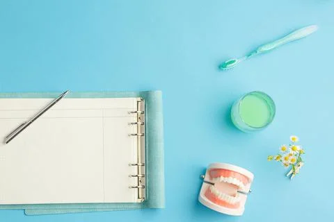 Dentures with toothbrush and notepad on the table. Stock Photos