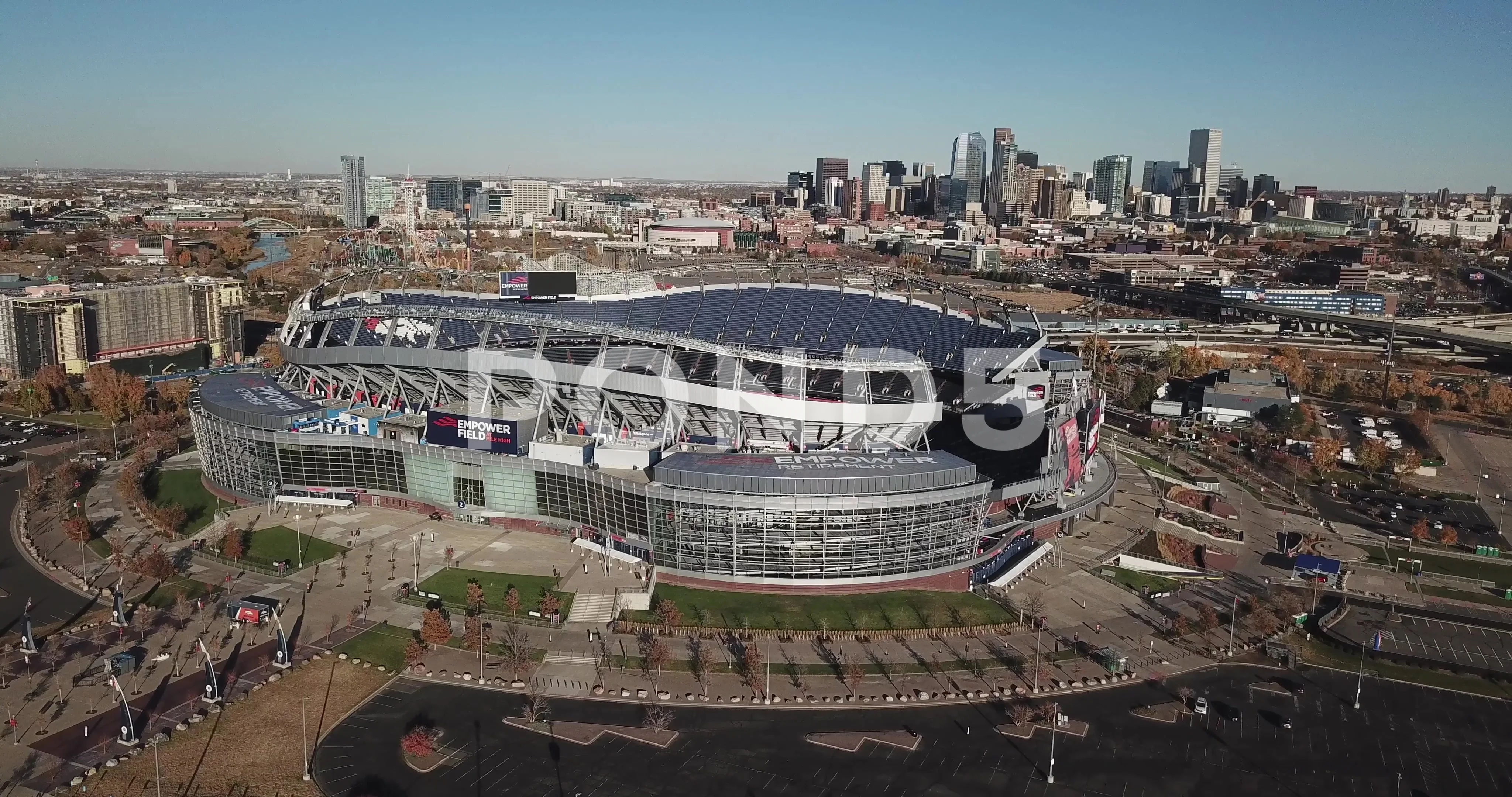 Broncos Horse Empower Field at Mile High Stadium Snow Aerial 