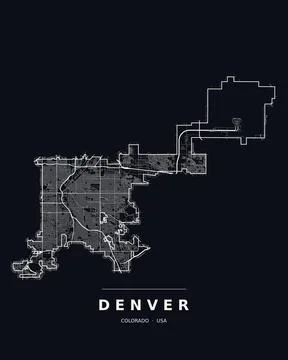 Denver CO Street Map Road Network Highways Dark Mode Editable Vector Stock Illustration