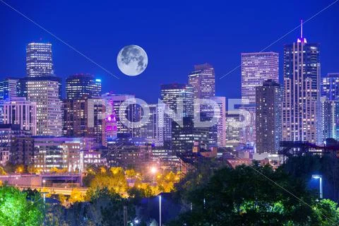 Denver colorado at night. denver downtown skyline Stock Photos