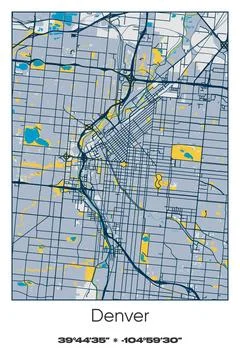 Denver, Colorado - vector map of city in Blue, Gray, Yellow, Olive colors Stock Illustration