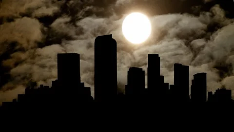 Denver Skyline By Night with Dark Atmosphere, Fog, Smoke, and Full Moon, USA Stock Footage 260189209
