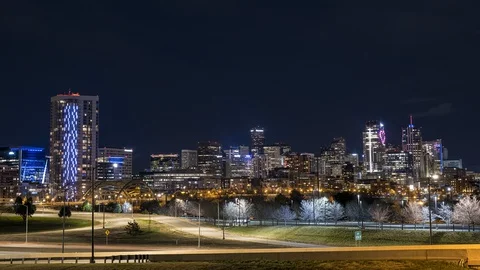 Denver Skyline At Night, Timelapse, ProRes 4K Stock Footage 129347580