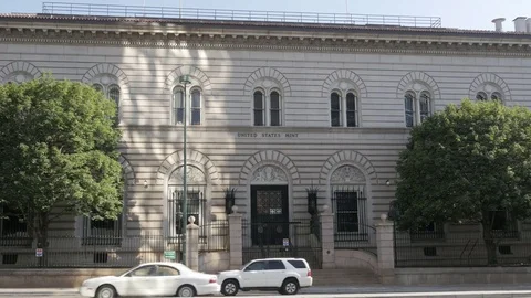 Denver US Mint Exterior Building Design with Passing Traffic Stock Footage 85198422