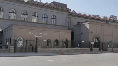 Denver US Mint Exterior Gift Shop and Entrance with Passing Car and Bicycle Stock Footage 85198897