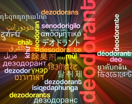 Deodorant multilanguage wordcloud background concept glowing Stock-Illustration