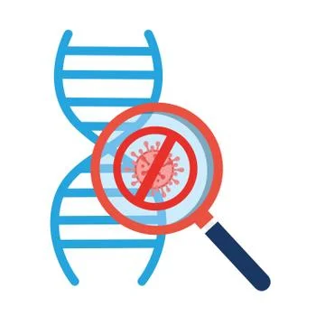 Deoxyribonucleic acid structure with particle covid 19 and magnifying glass Stock Illustration