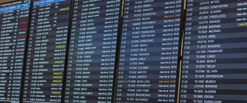 Departure arrival board with timetable and schedule in airport terminal. Stock Footage 130320395
