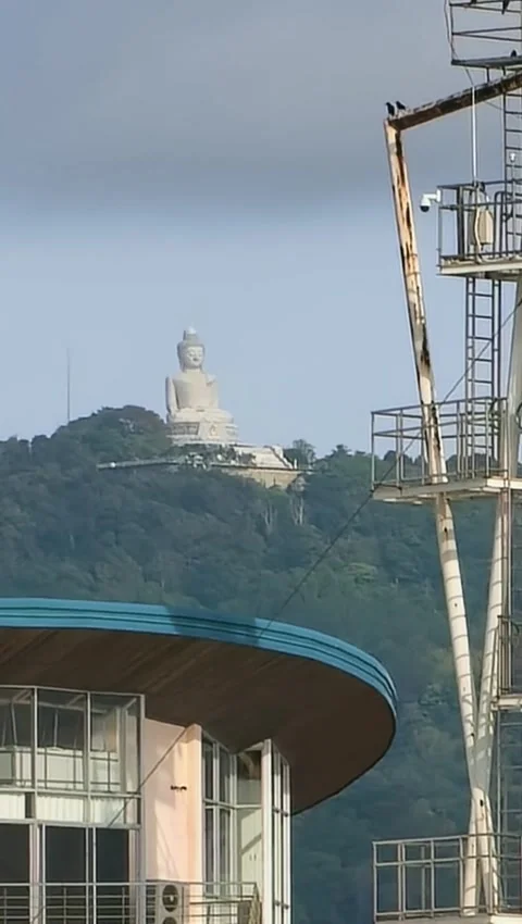 Departure from Chalong Pier with View of Phuket Big Buddha Statue Stock Footage 341007997