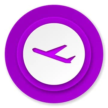 Deparures icon, violet button, plane sign. Ilustración de archivo