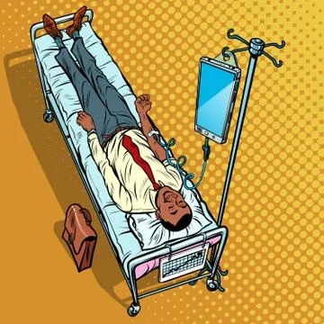 Dependency on gadgets concept. African man under medical dropper Stock Illustration